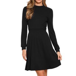Long Sleeve Casual Crew Neck Ribbed Knit Textured Sweater Dress Black